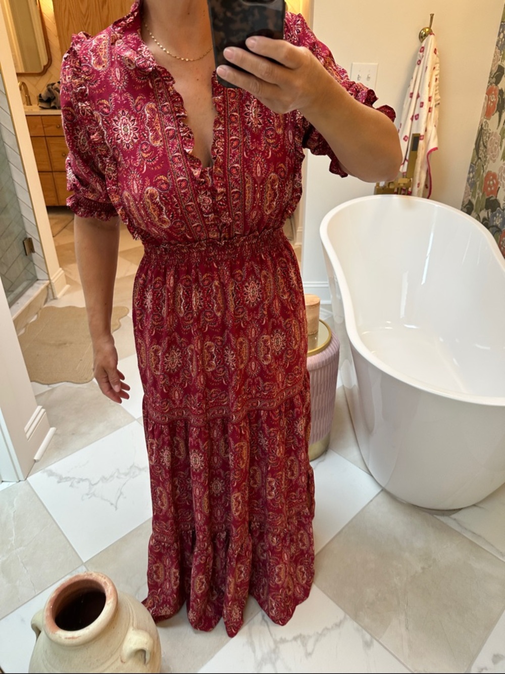 Max Studio Boho Paisley Tiered Maxi Dress in Deep Berry large